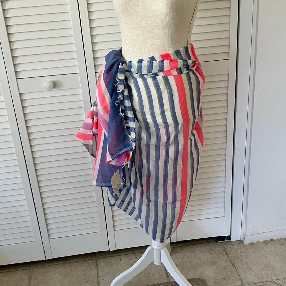 Lightweight Striped Cotton-Blend Scarf in Blue &‎ White with Pink & Red Accents